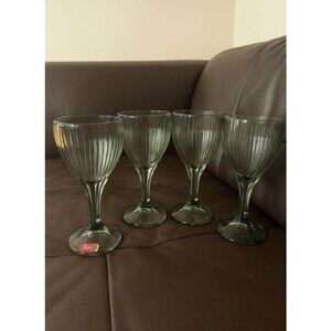 FOSTORIA MONET Gray Wine Goblets or Cocktail 4 Ribbed Heavy VTG glasses